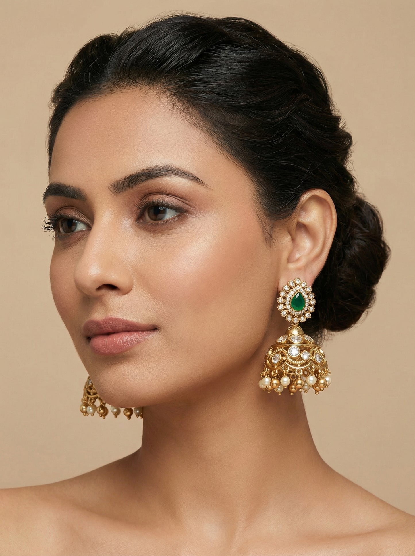 Green Emerald Stone Kundan Polki Jhumka - [generated by Eldor AI]
