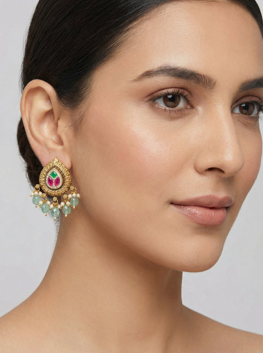 Kempu Mint Antique Temple Stud Earrings - [generated by Eldor AI]