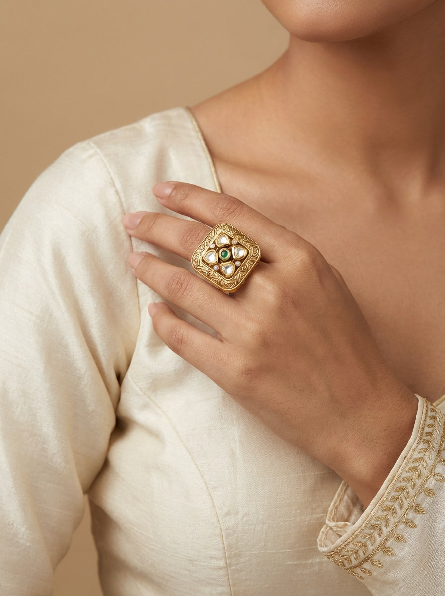 Polki Kundan Antique Crafted Adjustable Size Ring - [generated by Eldor AI]