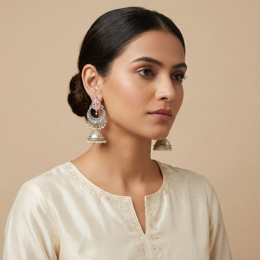 Lux Pink Studded Silver Long Jhumka - [generated by Eldor AI]
