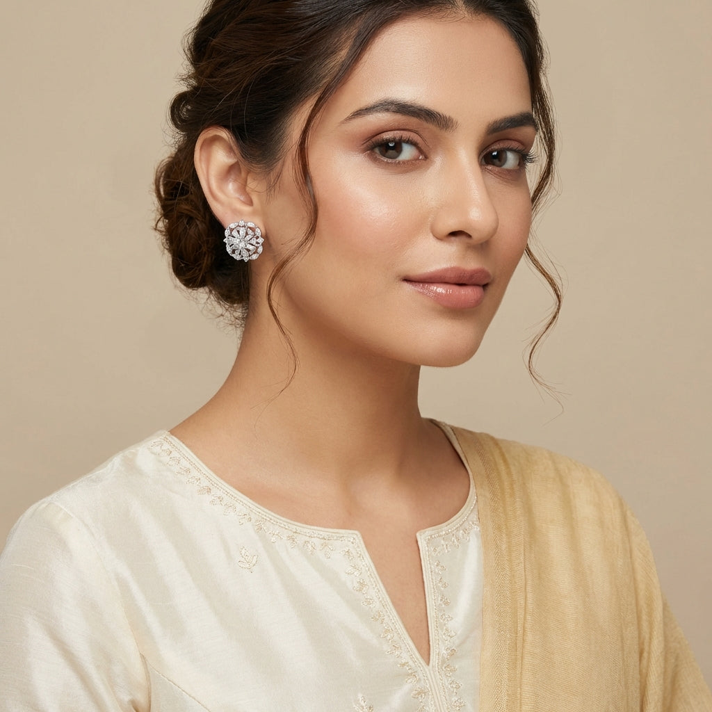 3D American Diamond Silver Plated Studs - [generated by Eldor AI]