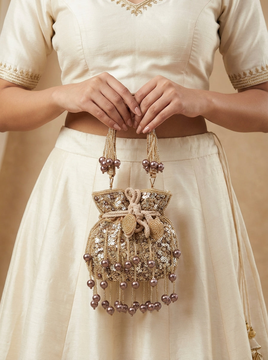 Metallic lavender colored Tiny Pearl Beads Golden Creamy Potli Bag - Small - [generated by Eldor AI]