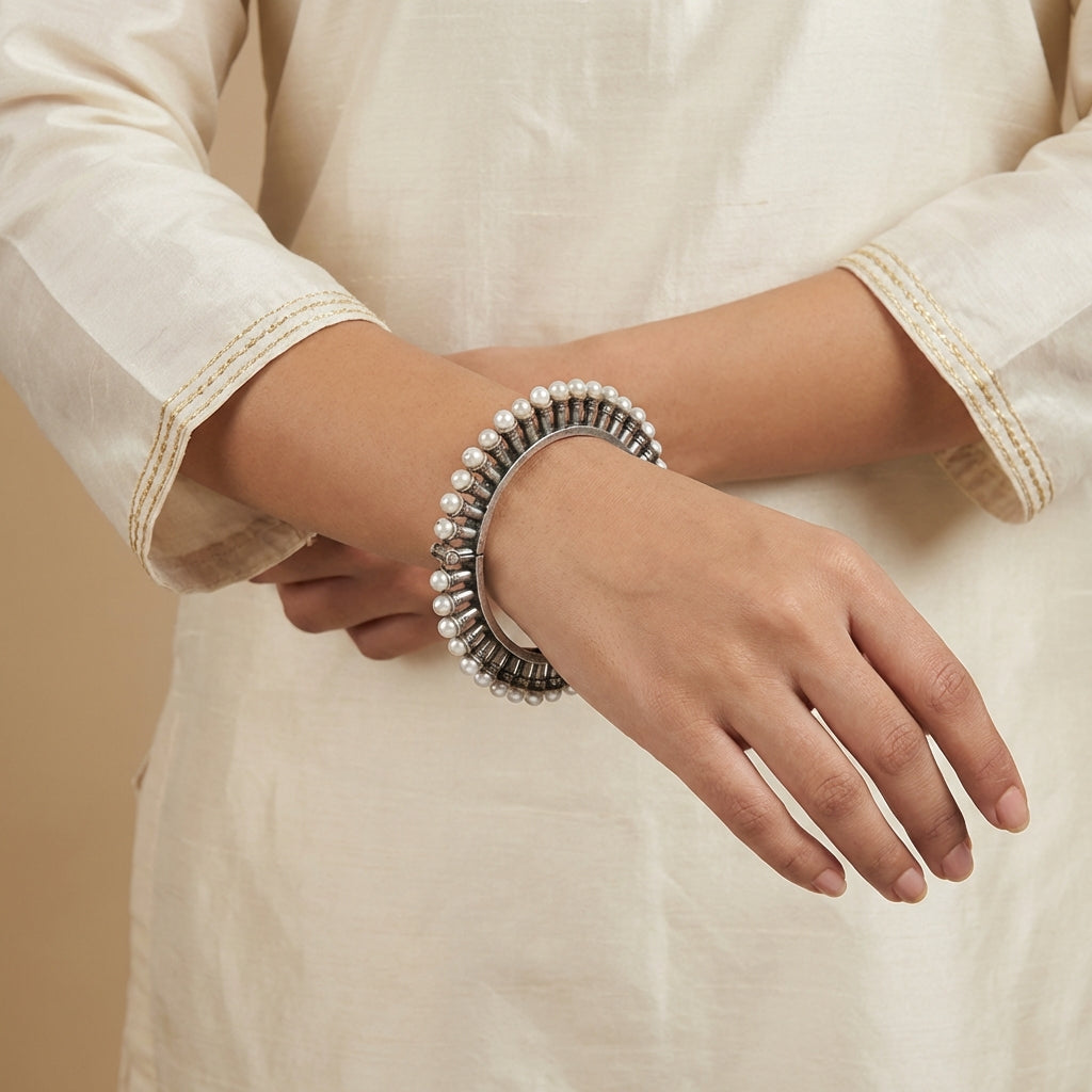 Silver Statement Pearl Lockable Adjustable Size Bangles - [generated by Eldor AI]