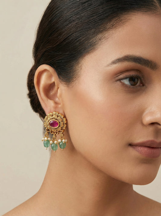 Kempu Mint Antique Temple Stud Earrings - [generated by Eldor AI]