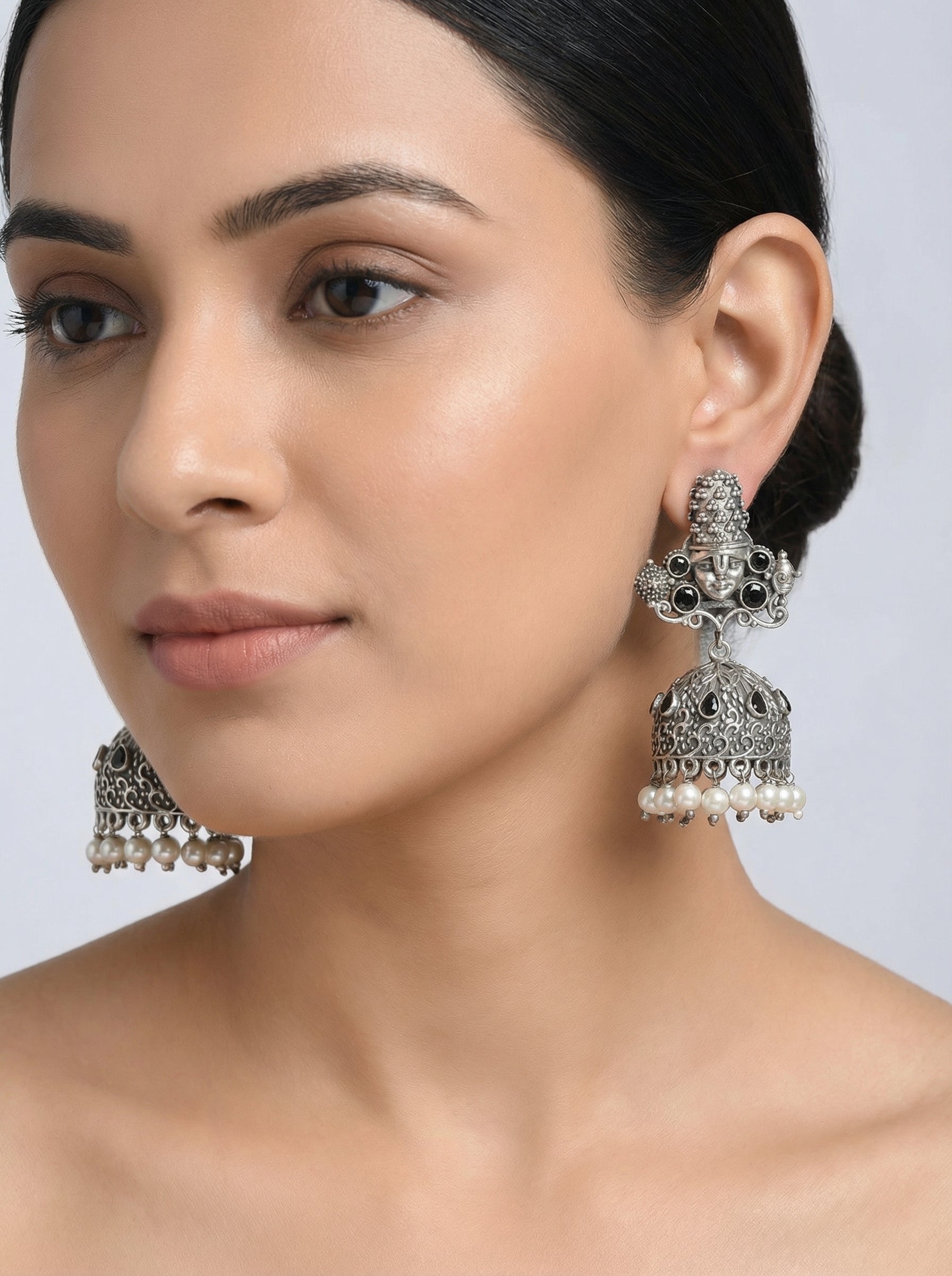 Triputi Balaji Blessings Silver Jhumka - [generated by Eldor AI]