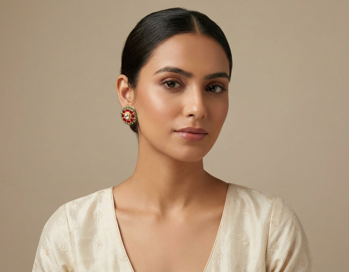Ruby Green Paachi Kundan Polki Pearl Beads Signature Studs - [generated by Eldor AI]