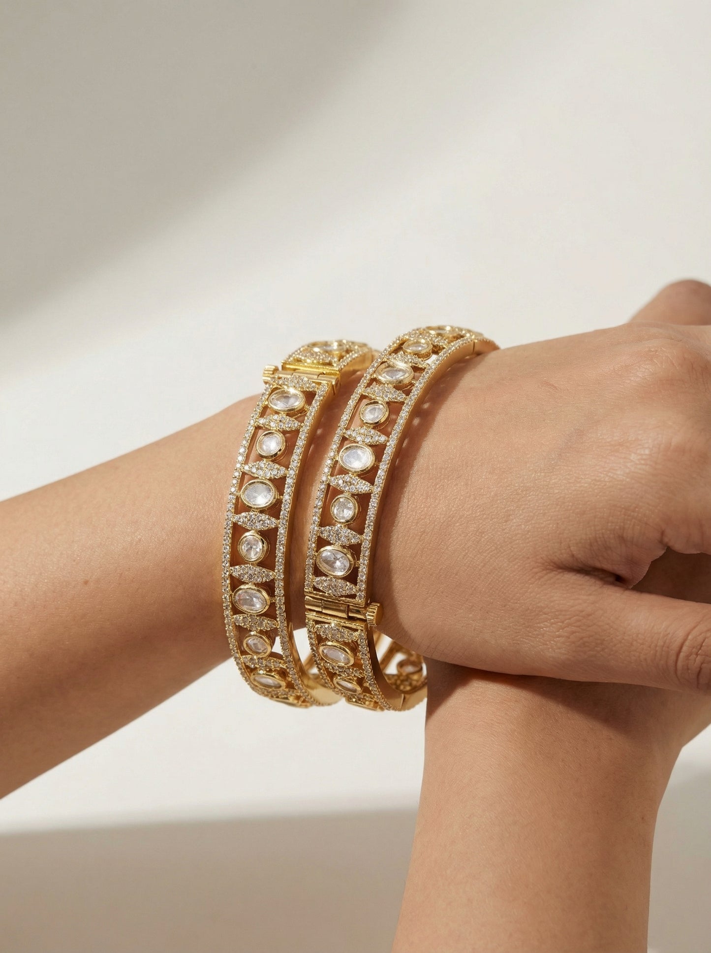 Signature Moissanite Kundan Screw open Bangles - [generated by Eldor AI]
