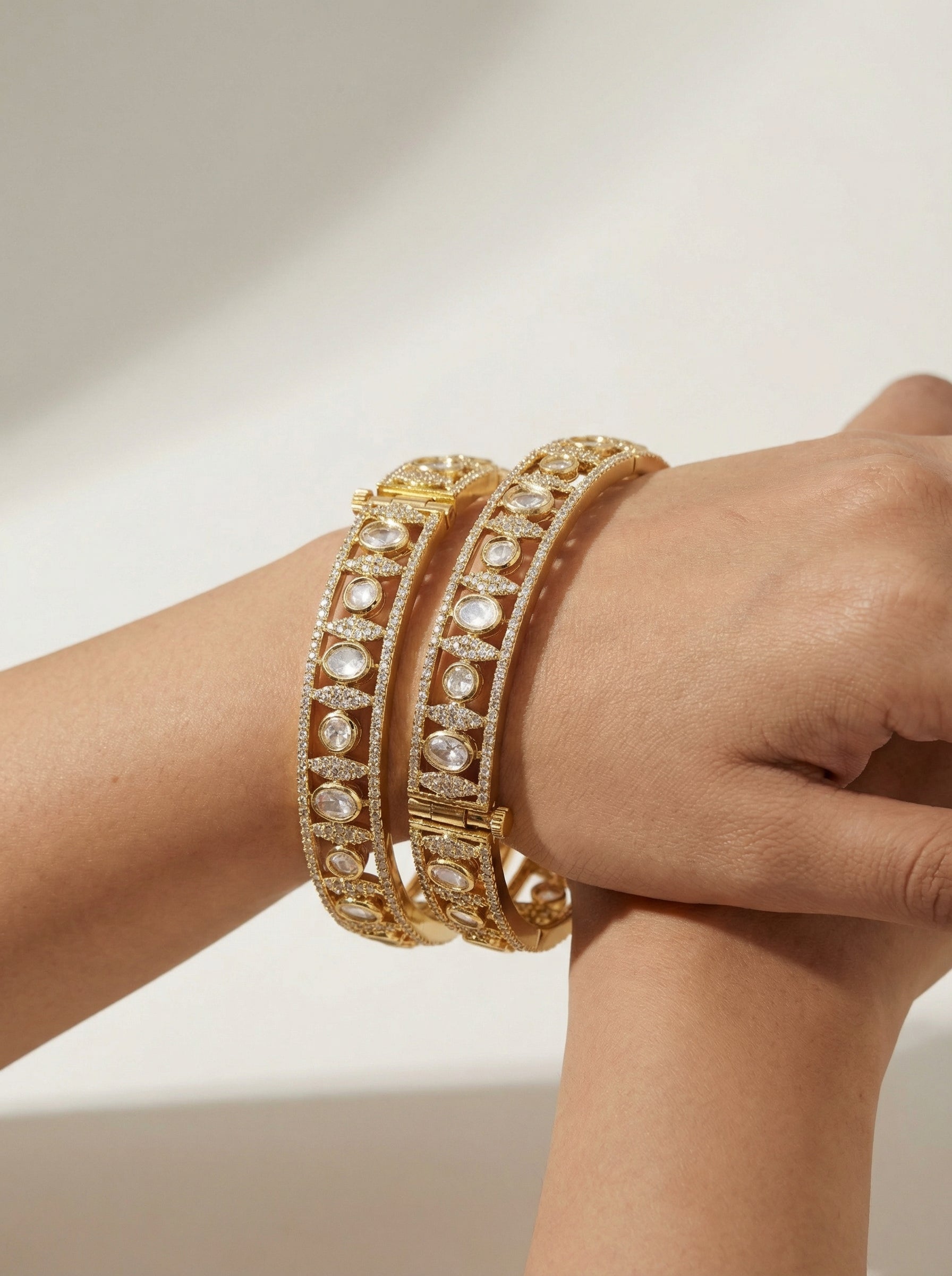Signature Moissanite Kundan Screw open Bangles - [generated by Eldor AI]