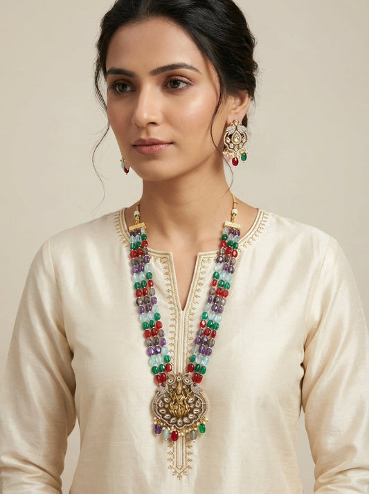 The Navratna Beaded Long Necklace with Earrings - [generated by Eldor AI]