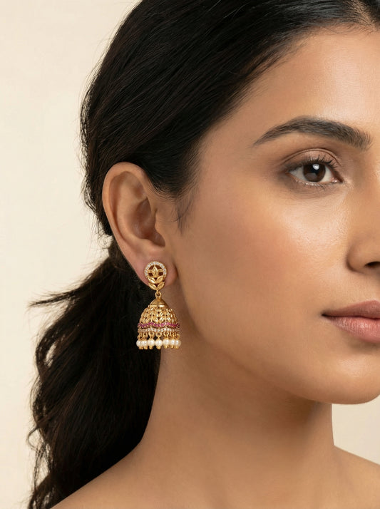 Antique Kempu Stone Temple Jhumka - [generated by Eldor AI]