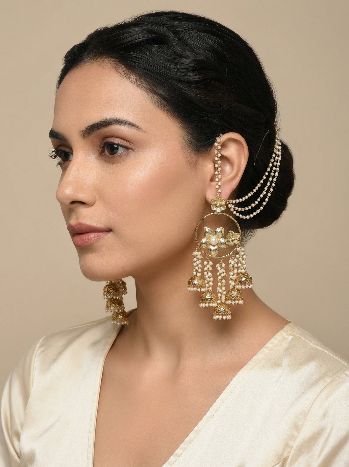 Celebrity Styled Floral Kundan Pearl Beads Earrings with Pearl Earchain Sahara - [generated by Eldor AI]