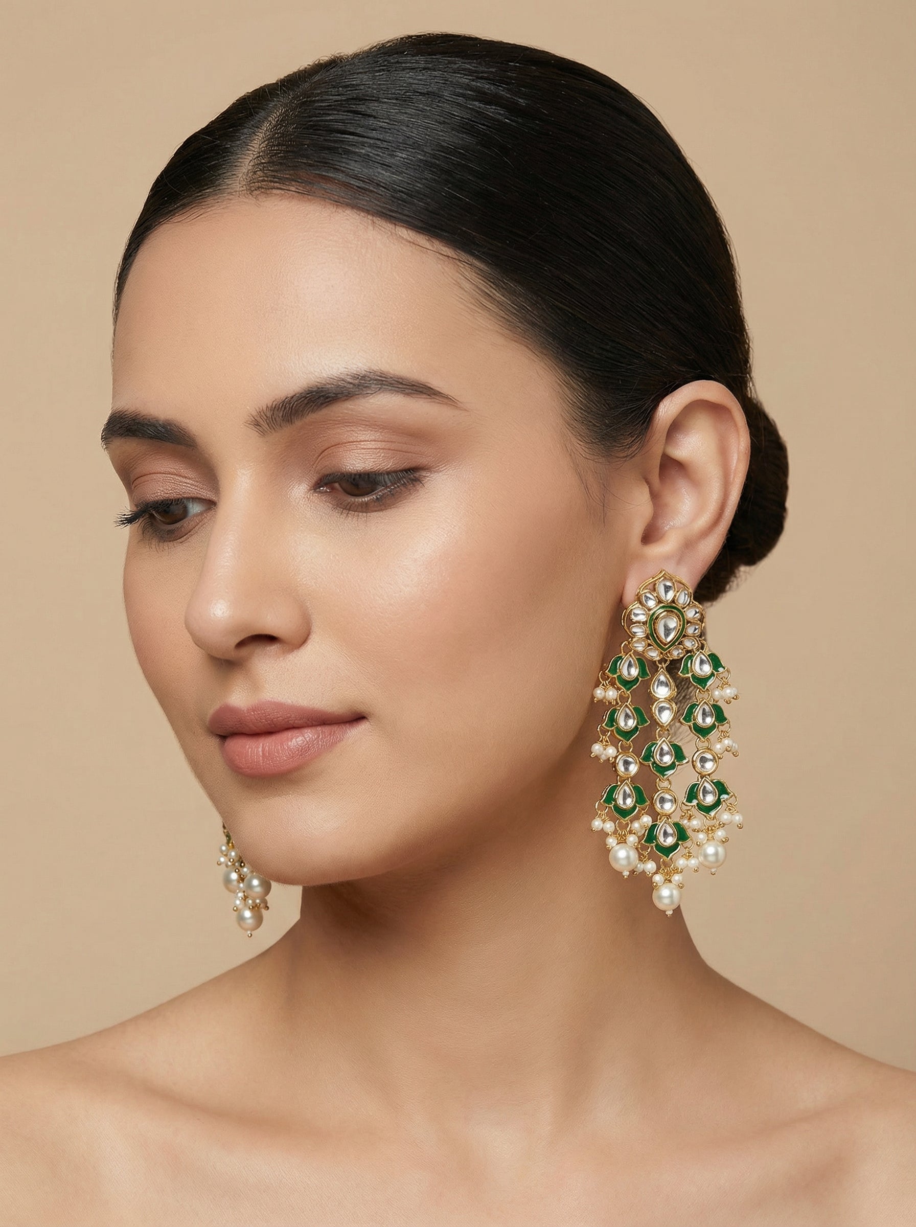 Kundan Polki Green Enamel triple Layered Dangler Earrings - [generated by Eldor AI]