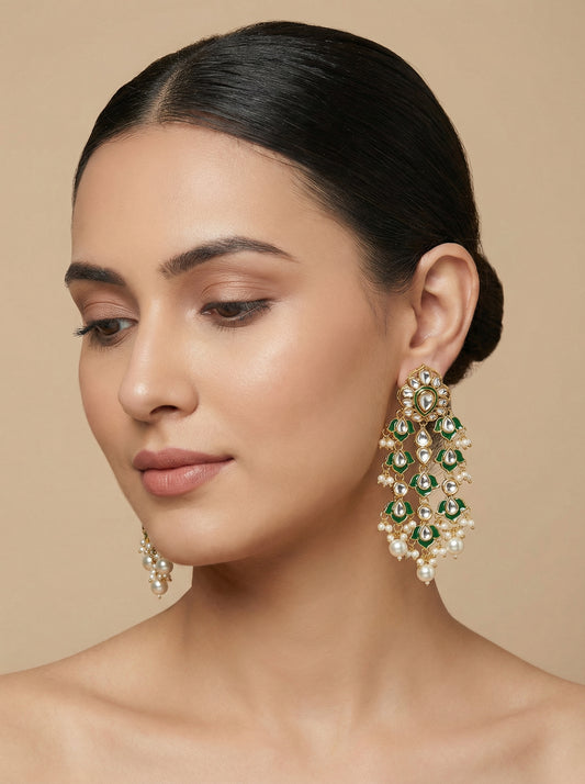 Kundan Polki Green Enamel triple Layered Dangler Earrings - [generated by Eldor AI]