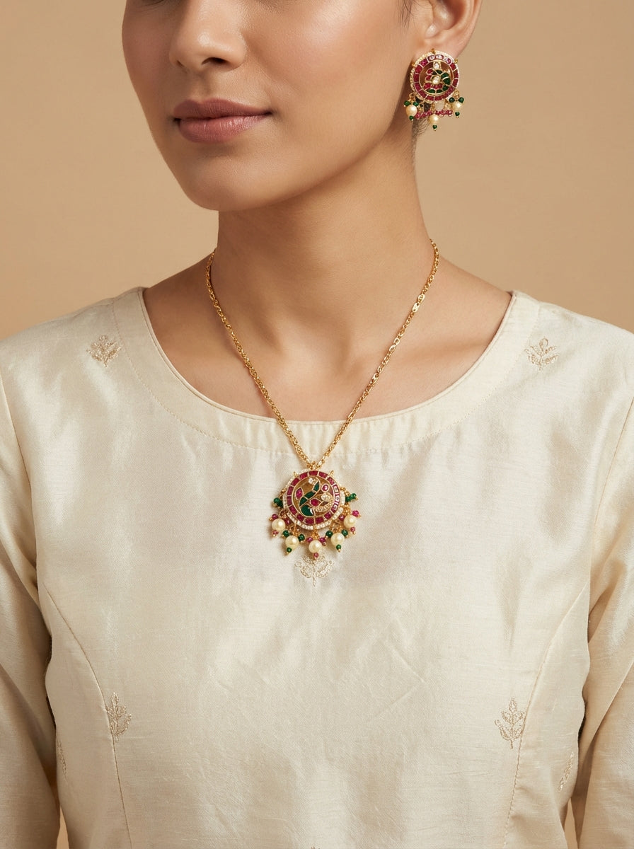 Paachi Kundan Gold Plated Anti-Tarnish Neckpiece with Stud Earrings - [generated by Eldor AI]