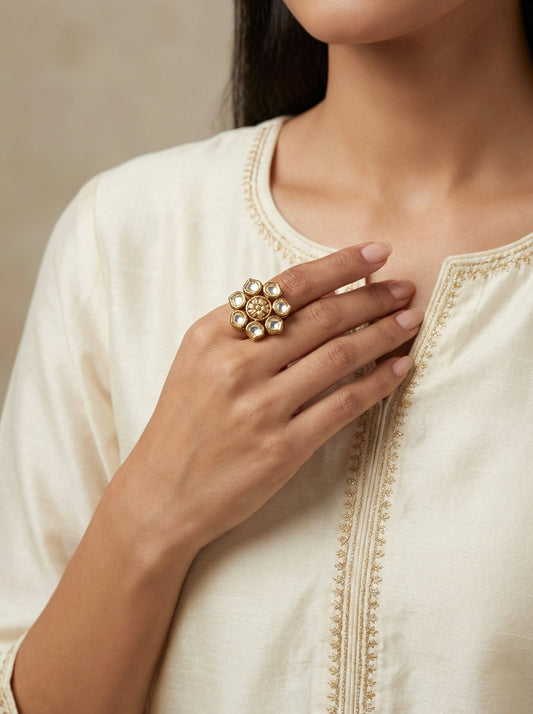 Floral Kundan Polki Gold-Plated Rings - [generated by Eldor AI]
