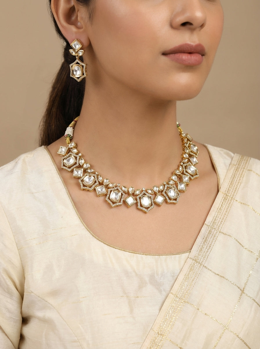 Moissanite Polki Necklace with Earrings - [generated by Eldor AI]