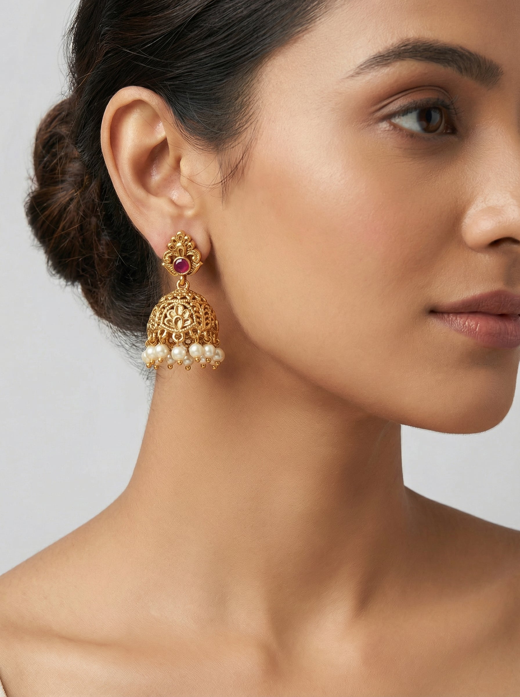 Red Stone Pearl Antique Jhumka - [generated by Eldor AI]