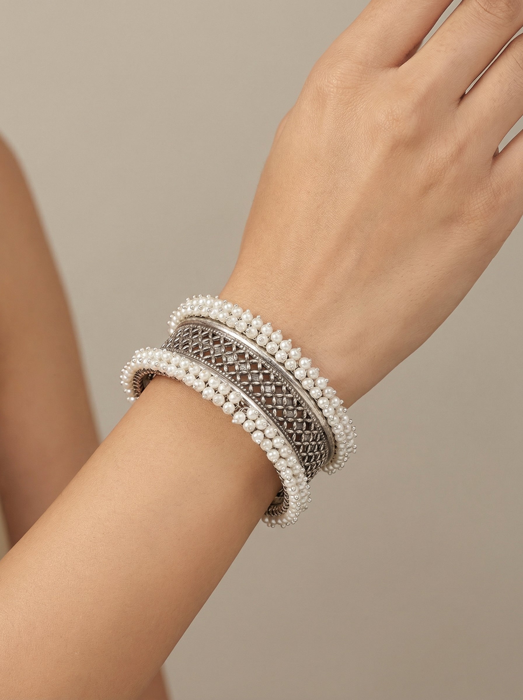 Pearl Cluster Oxidised Silver Kada - [generated by Eldor AI]