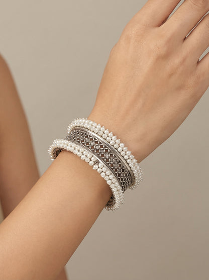 Pearl Cluster Oxidised Silver Kada - [generated by Eldor AI]