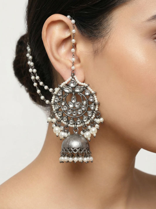 Metallic Black Silver Jhumka with earchain - [generated by Eldor AI]