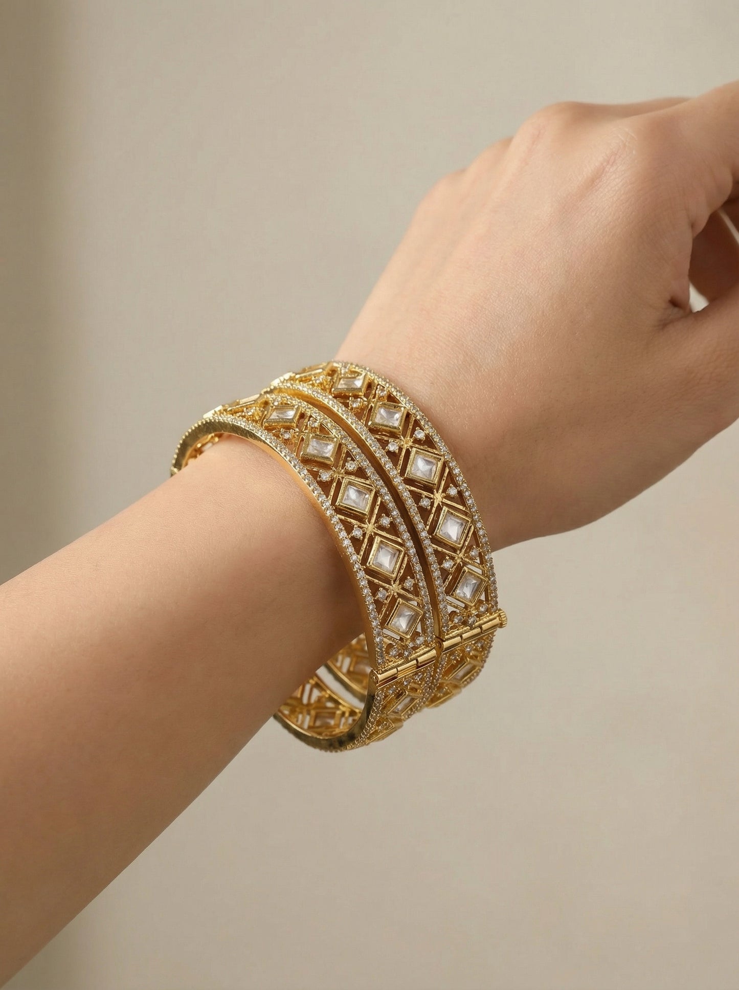 Signature Moissanite Kundan Openable Bangles - [generated by Eldor AI]