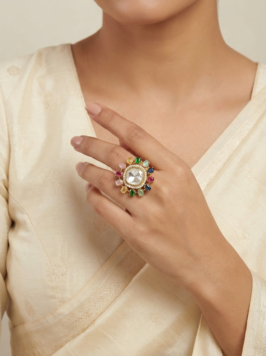 Navratana Moissanite Polki Signature Cocktail Ring - [generated by Eldor AI]