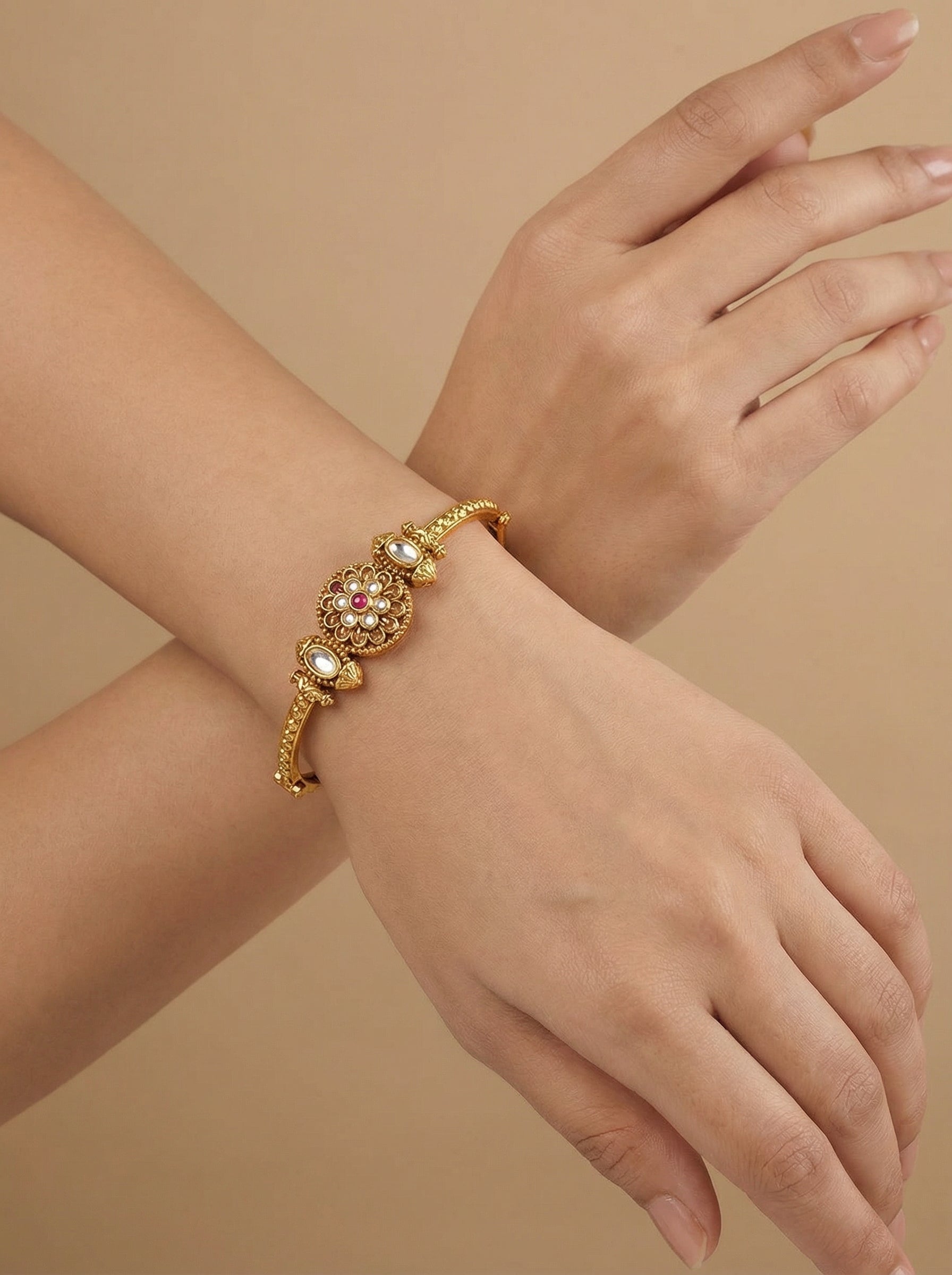 Antique Temple Kundan Openable Bracelet - [generated by Eldor AI]
