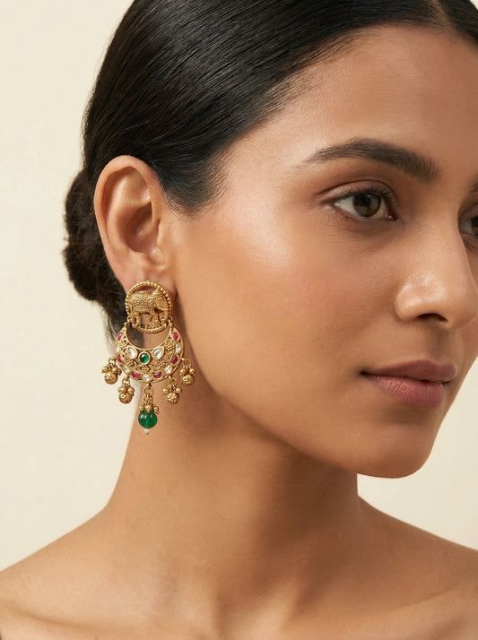 Elephant Motif Kundan Polki Kempu Mint Antique Earrings - [generated by Eldor AI]