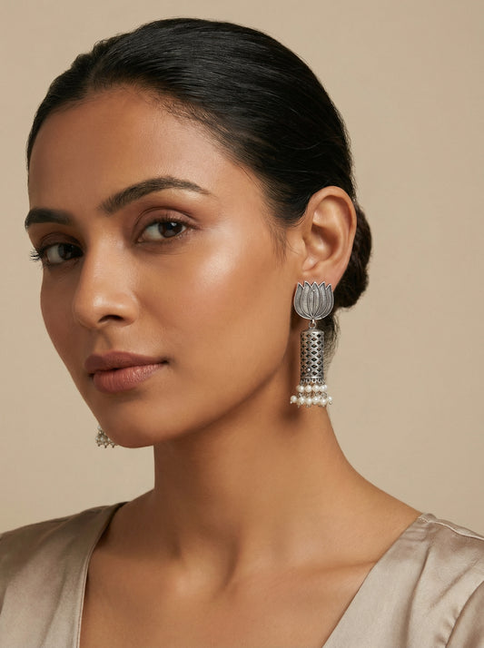 Lotus Pearl Silver Jhumka - [generated by Eldor AI]