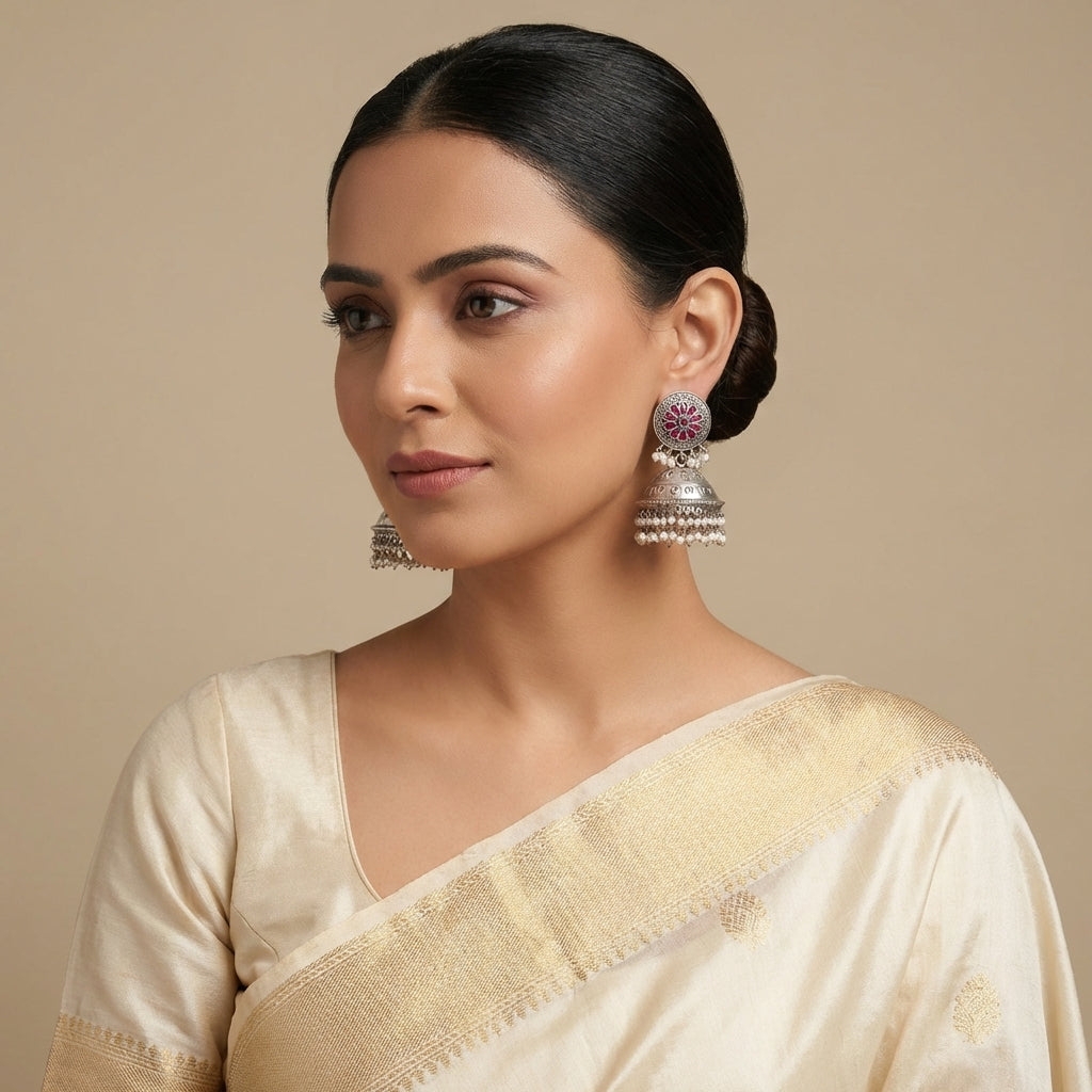 Ruby Stone Silver Polish Pearl Jhumka - [generated by Eldor AI]