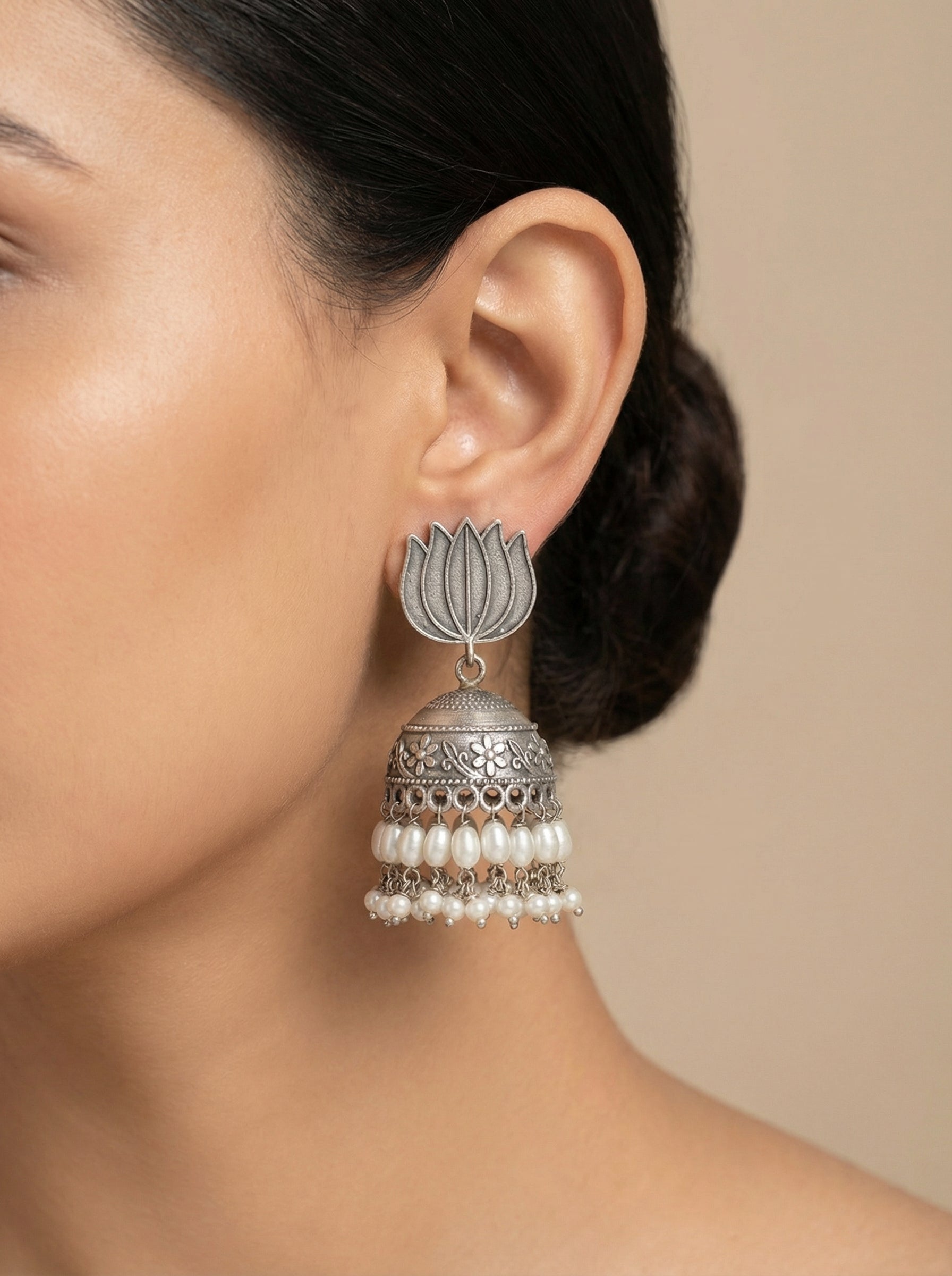 Lotus Pearl Silver Jhumka - [generated by Eldor AI]
