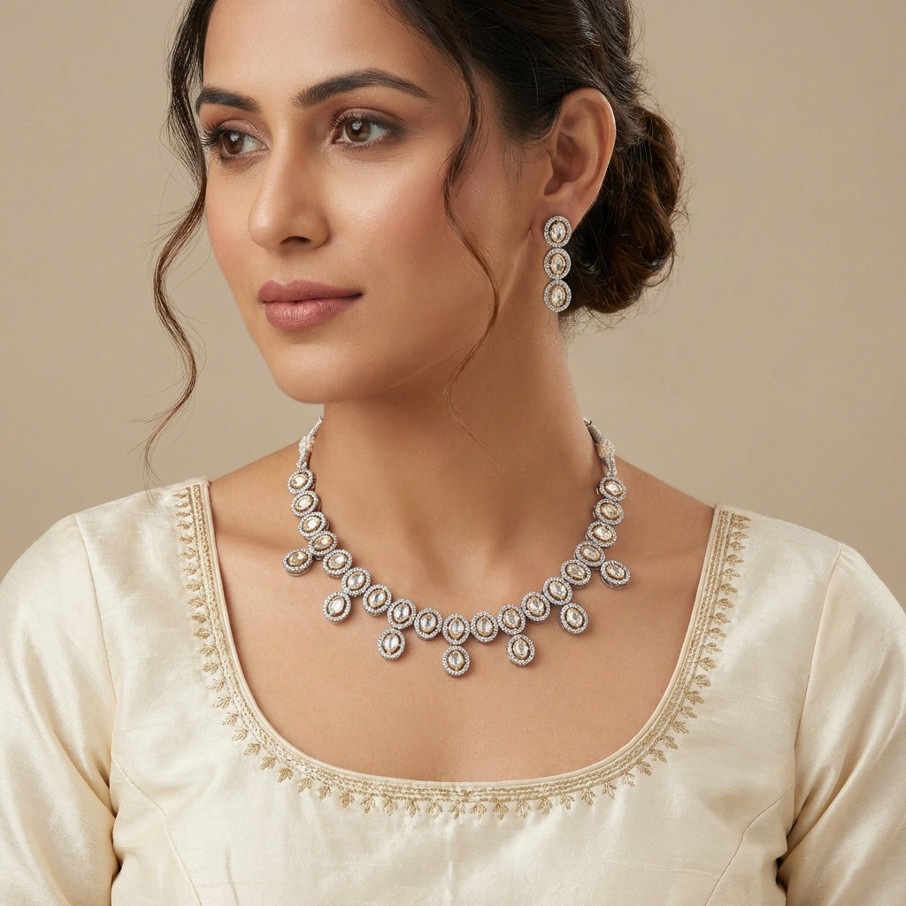 Moissanite Kundan Zircon Studded Necklace Set - [generated by Eldor AI]