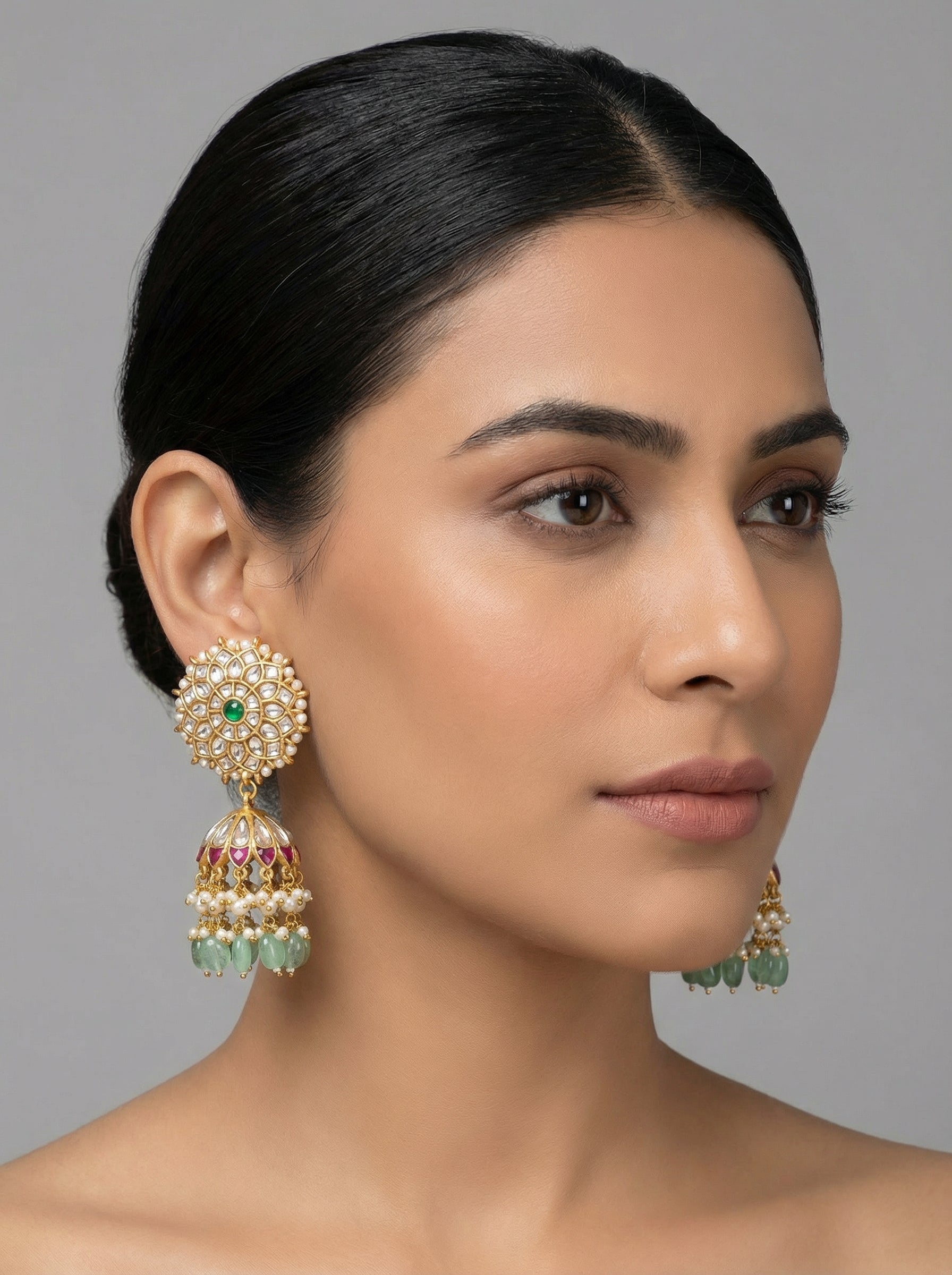 Statment Pure Kempu Jadau Jhumka Earrings with Mint Beads - [generated by Eldor AI]