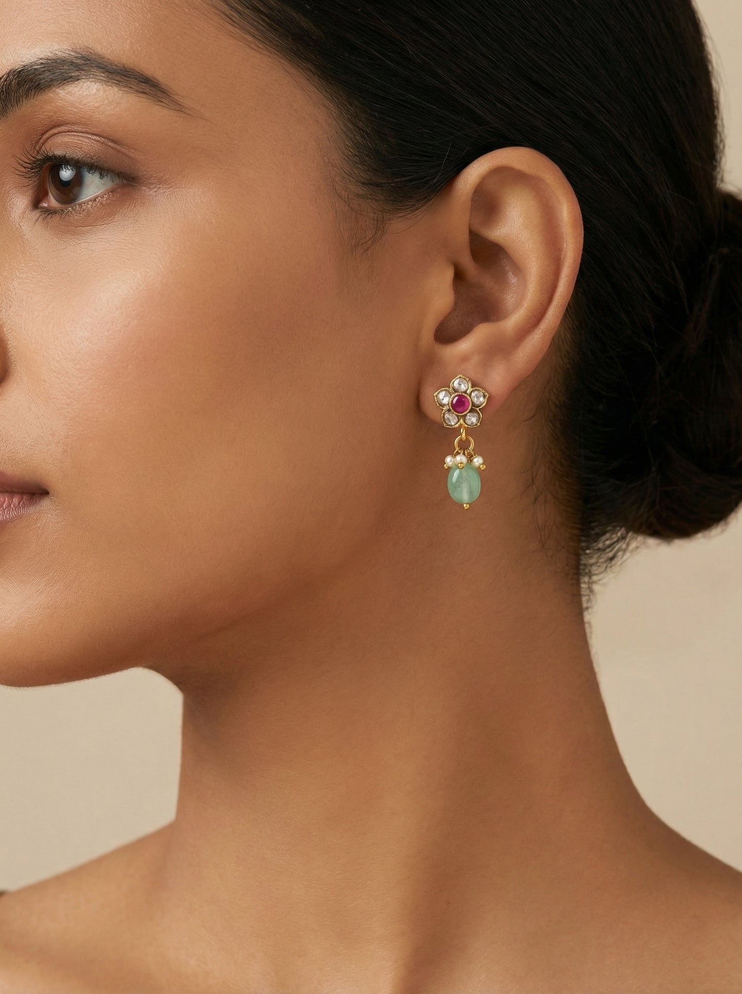 Polki Kempu Mint Antique Small Earrings - [generated by Eldor AI]