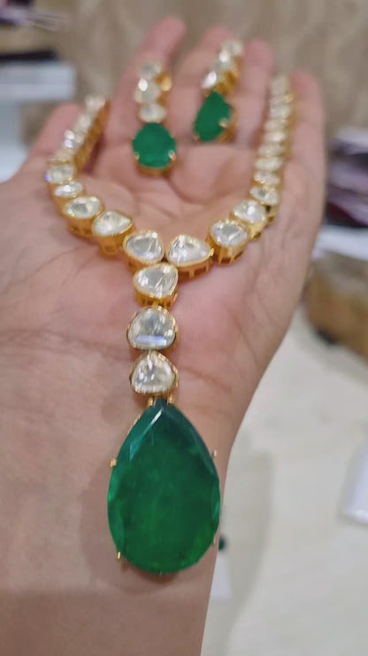 Real Moissanite Polki Emerald signature Necklace Set