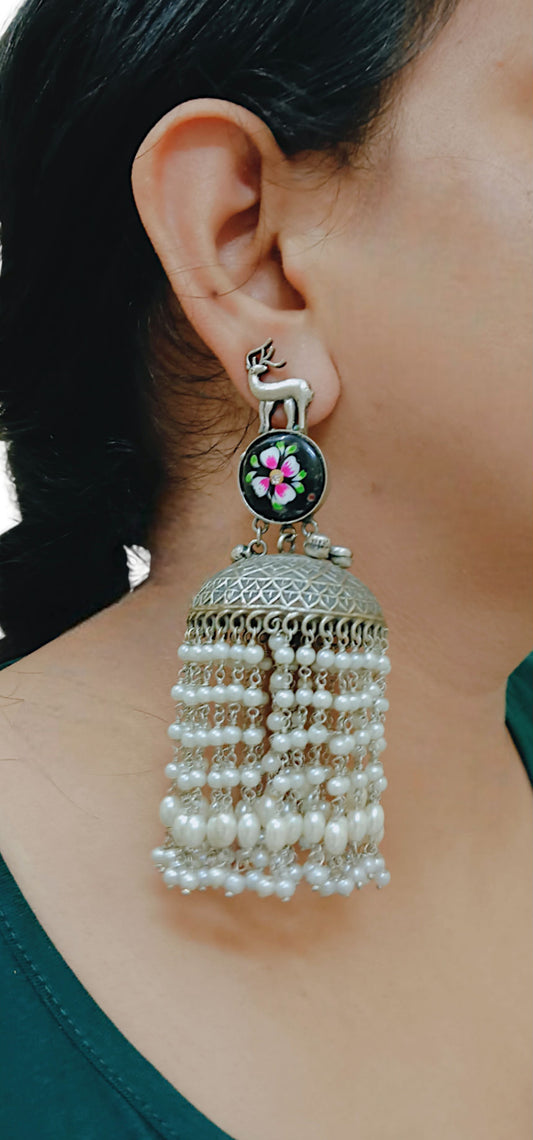 "Aisha" Statement Silver Long Pearl Cluster Jhumka