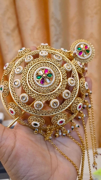 Statement Rewati Heritage Kundan Studded Gemstone work Hair Bun Cage with Stick