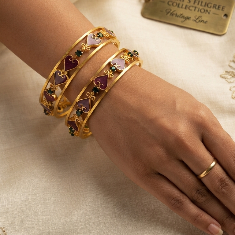 Set Of 2 Gold Plated Heart Designed Meenakari Bangles