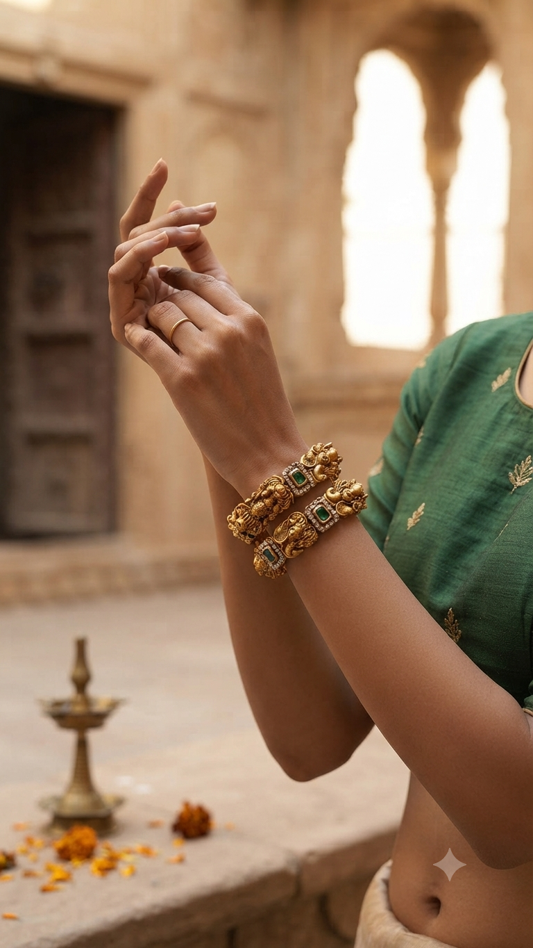 Temple Styled Gold-Plated Green Ruby Studded Bangles- Pair