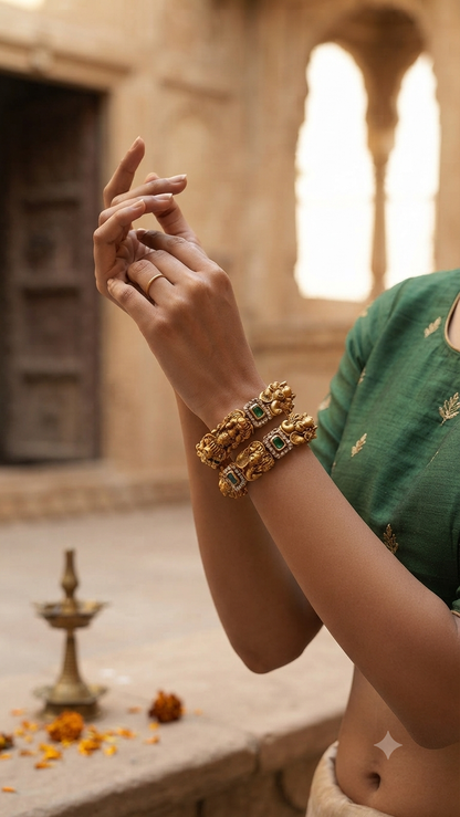 Temple Styled Gold-Plated Green Ruby Studded Bangles- Pair