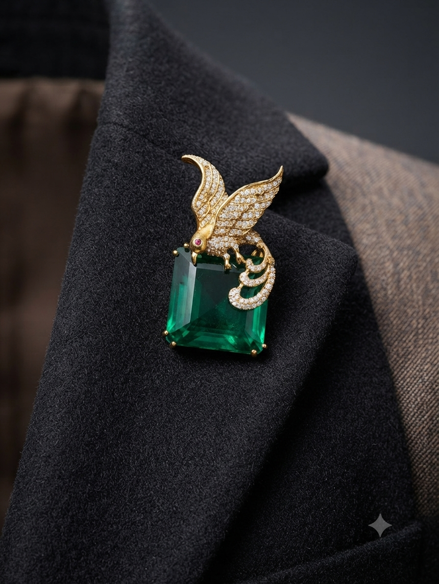 Panchi Emerald Gemstone CZ Studded Unisex Brooch