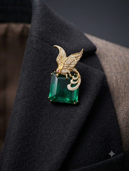 Panchi Emerald Gemstone CZ Studded Unisex Brooch