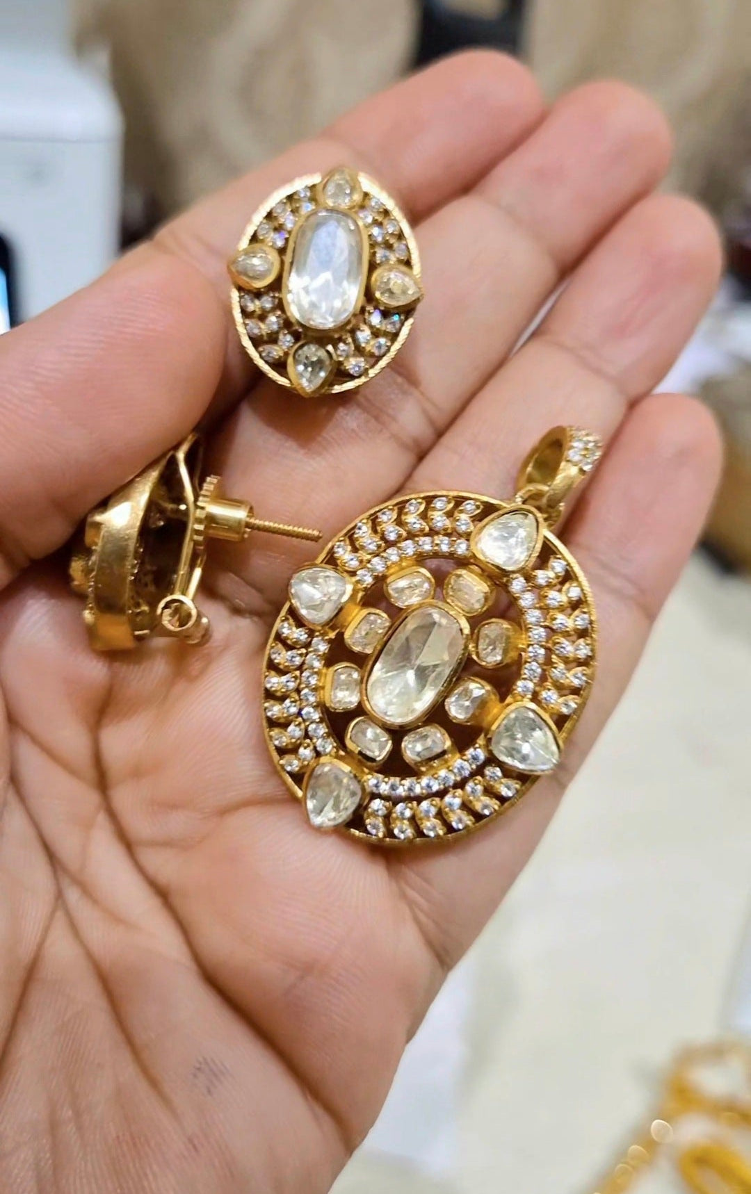 Uncut Polki Moissanite Screw Back Pendant Earrings Set