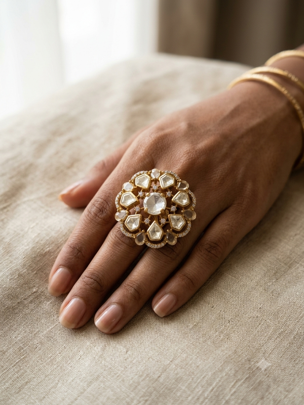 Statement Moissanite Polki Big Size Ring