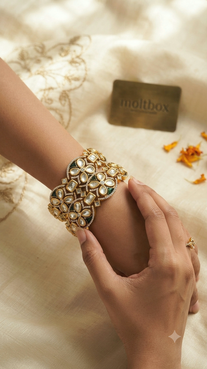 Signature Moti Polki Moissanite Screw Openable  Bangles - Pair