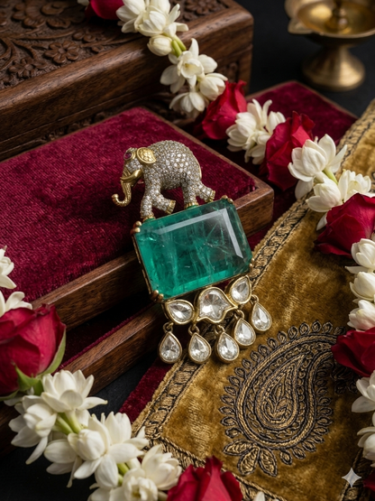 Emerlad Elephant Faux Diamond Luxe Unisex Brooch