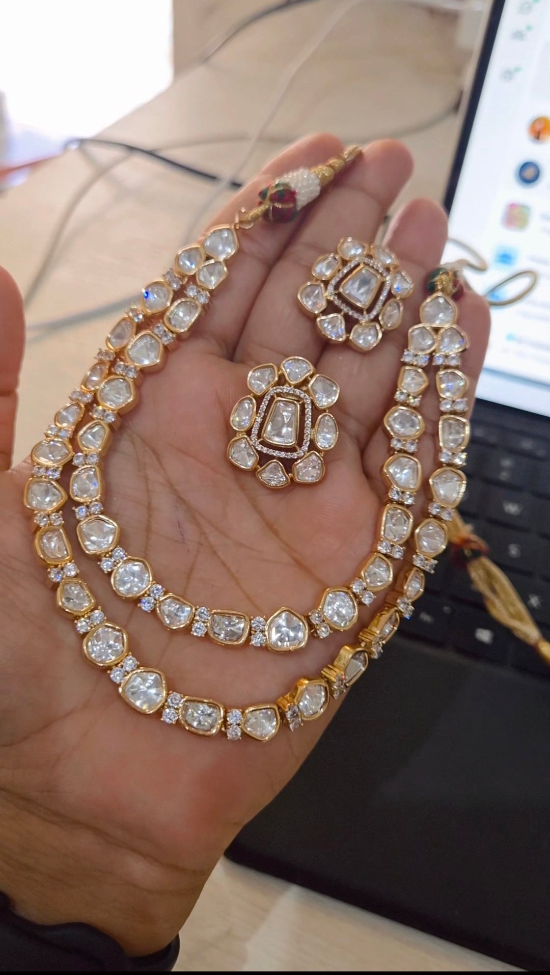 Real Moissanite Polki Double Layered Necklace Set