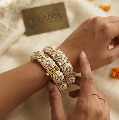 Signature Moti Polki Moissanite Screw Openable  Bangles - Pair