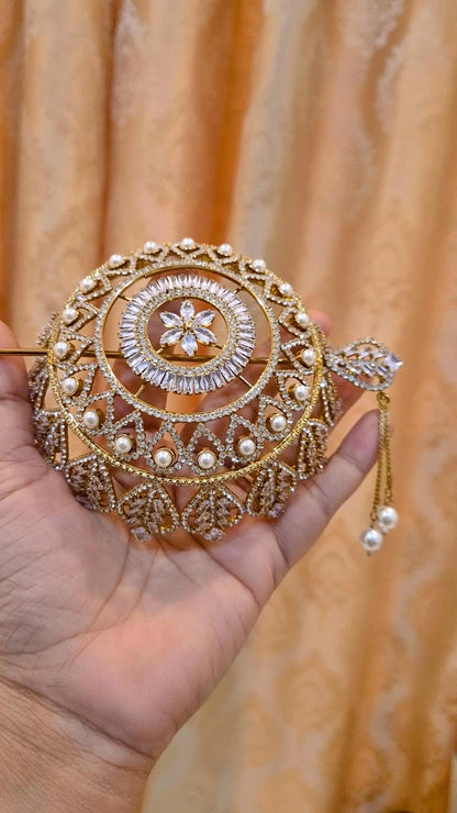 Statement American Diamond Pearl Studded Hair Bun Cage with Stick