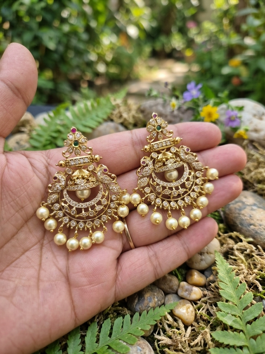 American Diamond Gold Plated Temple Medium Size Chandbali